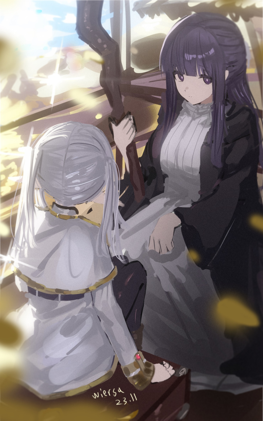 2girls artist_name black_robe blunt_bangs breasts bright_pupils capelet dated dress fern_(sousou_no_frieren) frieren grey_hair half_updo highres holding holding_staff large_breasts long_sleeves looking_at_viewer multiple_girls outdoors purple_hair robe sidelocks sitting sousou_no_frieren staff twintails white_capelet white_dress white_pupils wiersa