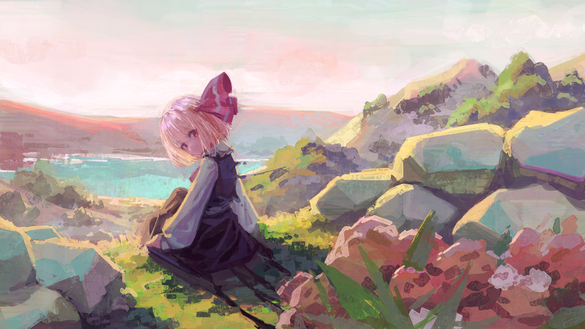 1girl absurdres black_skirt black_vest blonde_hair day grin hair_ribbon highres long_sleeves looking_at_viewer nepperoni outdoors pond red_eyes red_ribbon ribbon rock rumia short_hair sitting skirt smile solo touhou vest