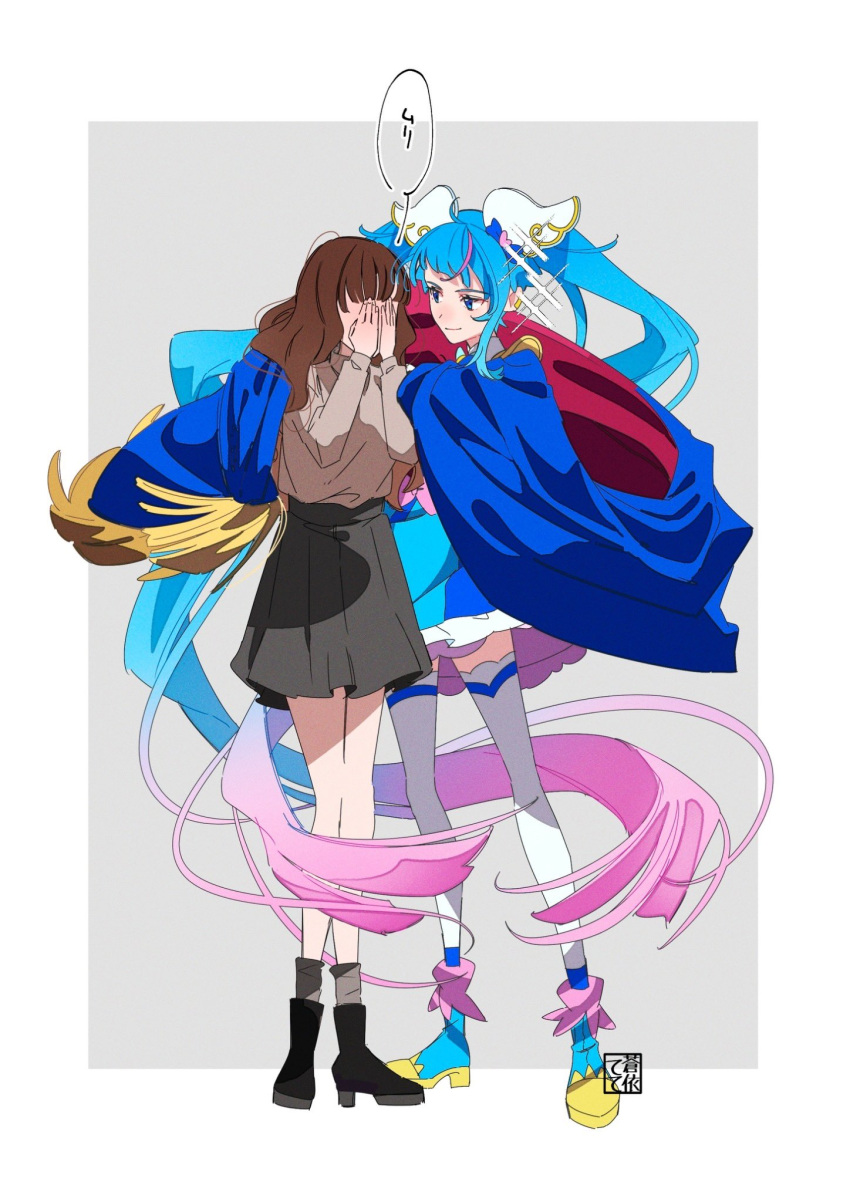 2girls ahoge blue_cape blue_dress blue_eyes blue_hair boots brown_hair cape commentary_request covering_face cure_sky dress gradient_hair hair_ornament highres hirogaru_sky!_precure long_hair looking_at_another magical_girl multicolored_hair multiple_girls pink_hair precure red_cape skirt smile sora_harewataru speech_bubble standing streaked_hair tete_a thigh-highs thighs translation_request twintails two-tone_cape two-tone_hair very_long_hair white_thighhighs wing_hair_ornament