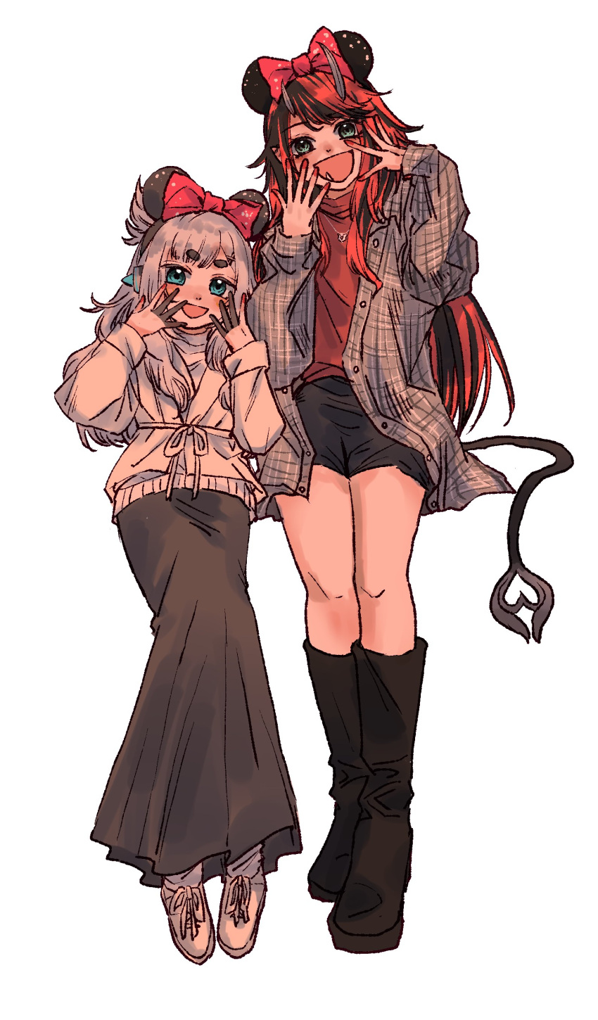 2girls :d absurdres alternate_costume amaotome and_uge black_footwear black_hair black_shorts black_skirt blue_eyes blunt_bangs blush boots bow commentary demon_girl demon_horns demon_tail finger_cots full_body grey_hair grey_shirt grey_sweater hair_bow highres horns long_hair long_skirt long_sleeves looking_at_viewer medium_bangs minnie_mouse_ears multicolored_hair multiple_girls nanashi_inc. open_clothes open_mouth open_shirt plaid plaid_shirt pointy_ears red_bow red_shirt redhead ryugasaki_rene shirt shorts simple_background skirt smile sweater tail thick_eyebrows two-tone_hair virtual_youtuber white_background
