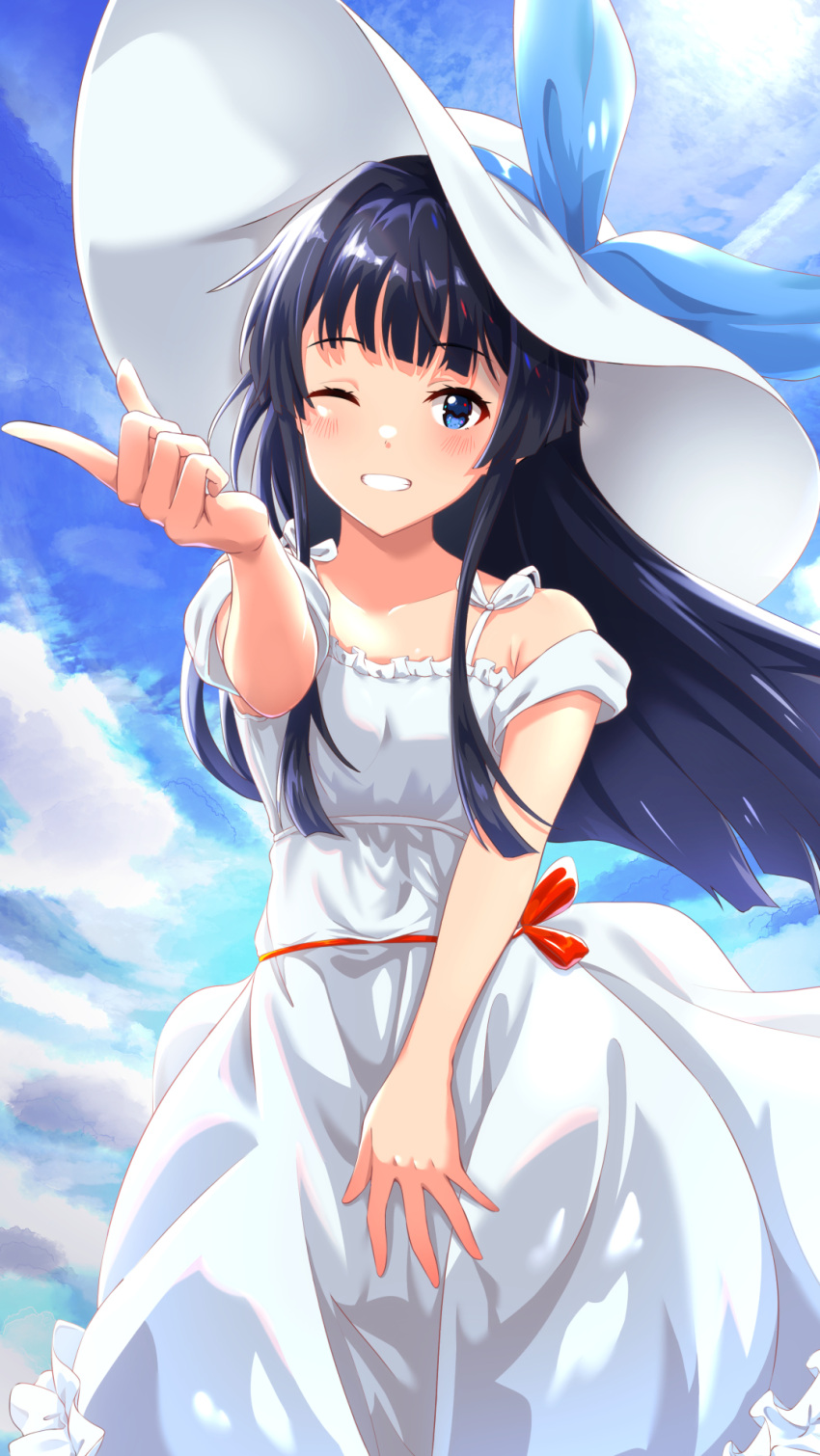 1girl bare_shoulders black_hair blue_eyes blue_ribbon blue_sky blush bow breasts clouds collarbone cowboy_shot day dot_nose dress dress_bow frilled_dress frills grin hand_up hat hat_ribbon highres idolmaster idolmaster_million_live! idolmaster_million_live!_theater_days index_finger_raised long_hair looking_at_viewer mogami_shizuka nagmilk off-shoulder_dress off_shoulder one_eye_closed outdoors red_bow ribbon short_sleeves sky small_breasts smile solo standing white_dress white_headwear