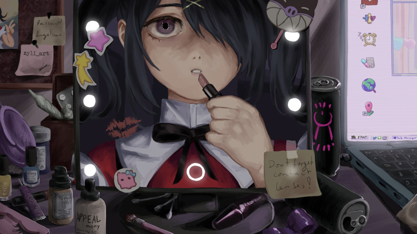 1girl absurdres ame-chan_(needy_girl_overdose) applying_makeup black_hair black_ribbon blister_pack can collared_shirt commentary computer cosmetics cotton_swab energy_drink english_commentary hair_ornament hair_over_one_eye hand_up highres holding holding_lipstick_tube indoors laptop lipstick_mark lipstick_tube long_hair looking_at_mirror looking_at_viewer makeup_brush mirror nail_polish_bottle neck_ribbon needy_girl_overdose note open_mouth photo_(object) pill red_shirt reflection ribbon shirt soda_can solo star_(symbol) sticker table taped_note twintails upper_body user_interface violet_eyes x_hair_ornament zyli_(zyli_art)