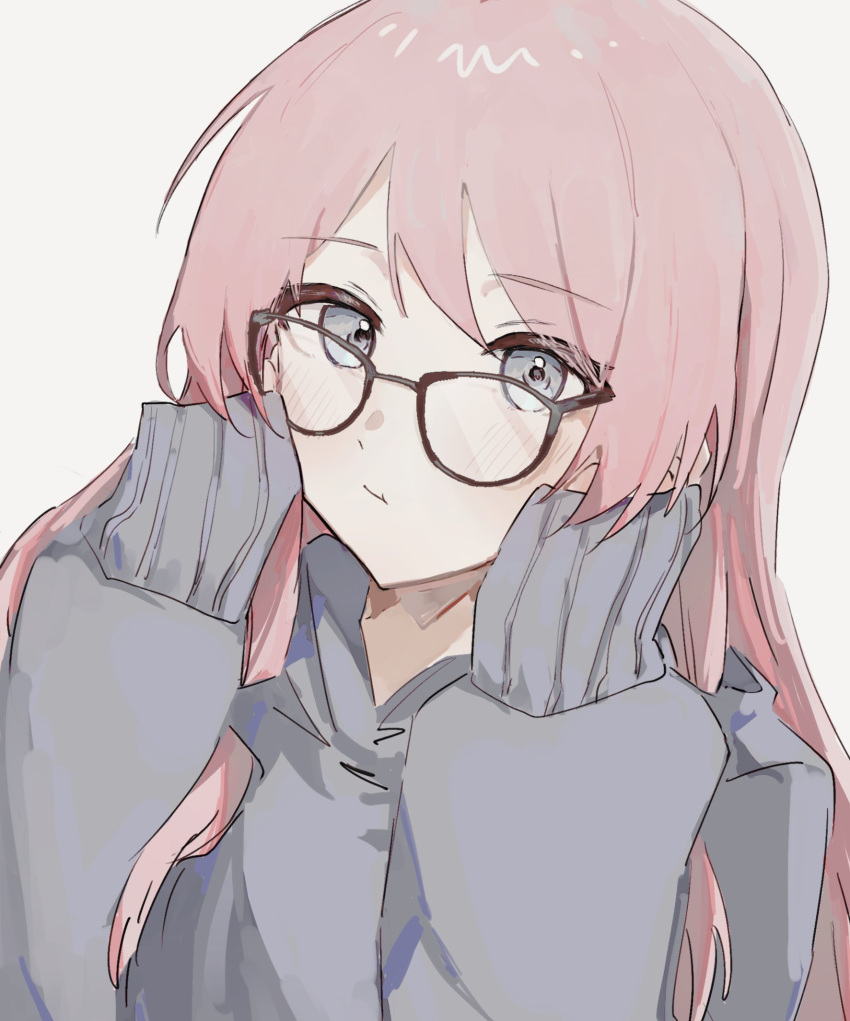 1girl adjusting_eyewear bang_dream! bang_dream!_it's_mygo!!!!! blush chihaya_anon closed_mouth commentary glasses grey_eyes grey_hoodie highres hood hood_down hoodie long_hair long_sleeves looking_at_viewer pann_bot_p pink_hair pout puffy_sleeves simple_background sleeves_past_wrists solo symbol-only_commentary upper_body white_background