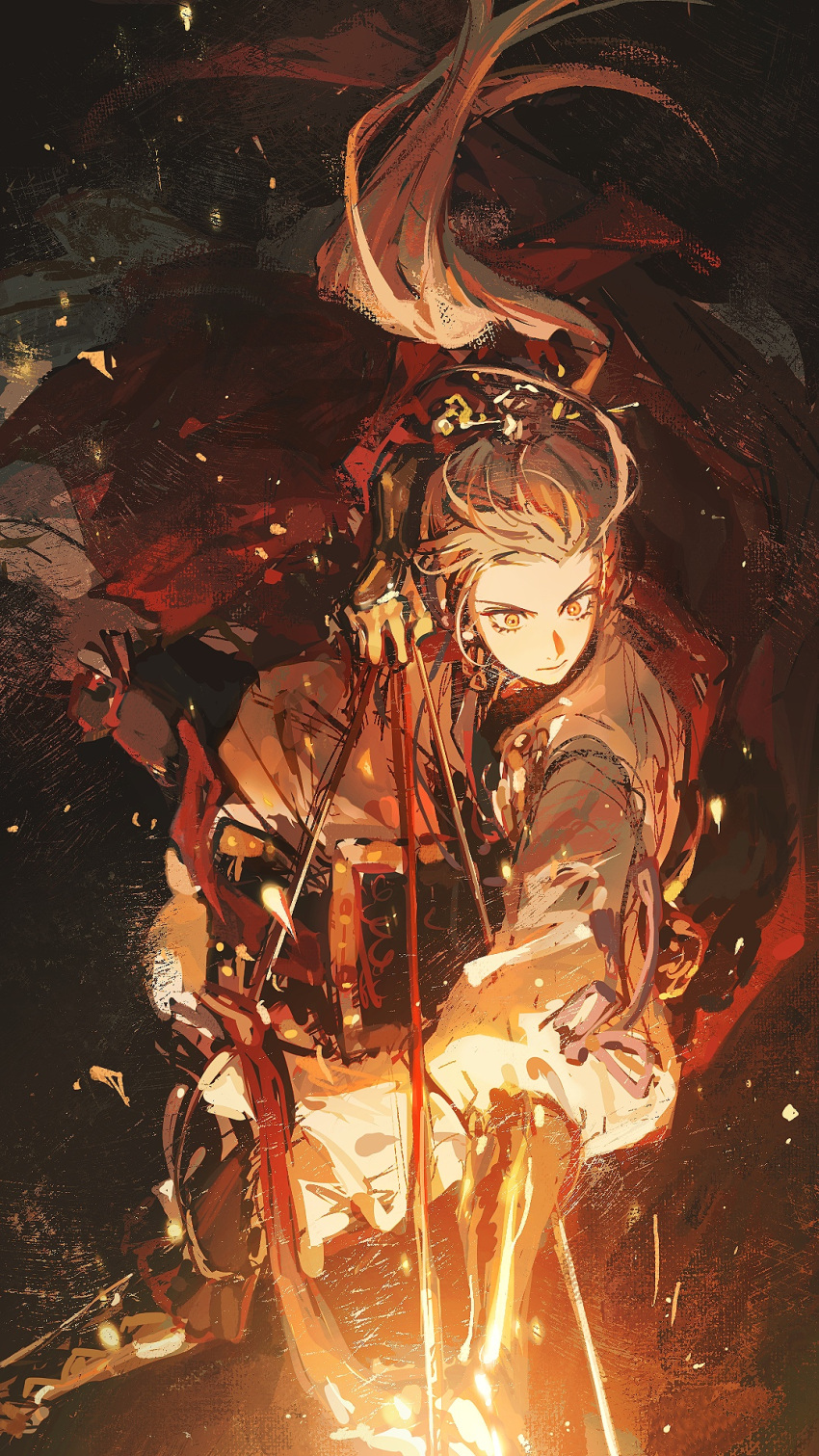 archer_(fate/samurai_remnant) archery arm_guards arrow_(projectile) bow_(weapon) chinese_clothes chinese_hairpin drawing_bow dynamic_pose egotism fate/samurai_remnant fate_(series) fire flaming_arrow flaming_weapon grey_hair hair_ornament hanfu highres holding holding_arrow holding_bow_(weapon) holding_weapon ponytail tassel tassel_hair_ornament weapon xiao_guan_(headdress) yellow_eyes