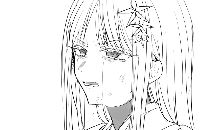 1girl blue_archive bruise crying crying_with_eyes_open flower greyscale hair_flower hair_ornament highres injury inotukuhito long_hair monochrome nagusa_(blue_archive) open_mouth solo tears v-shaped_eyebrows