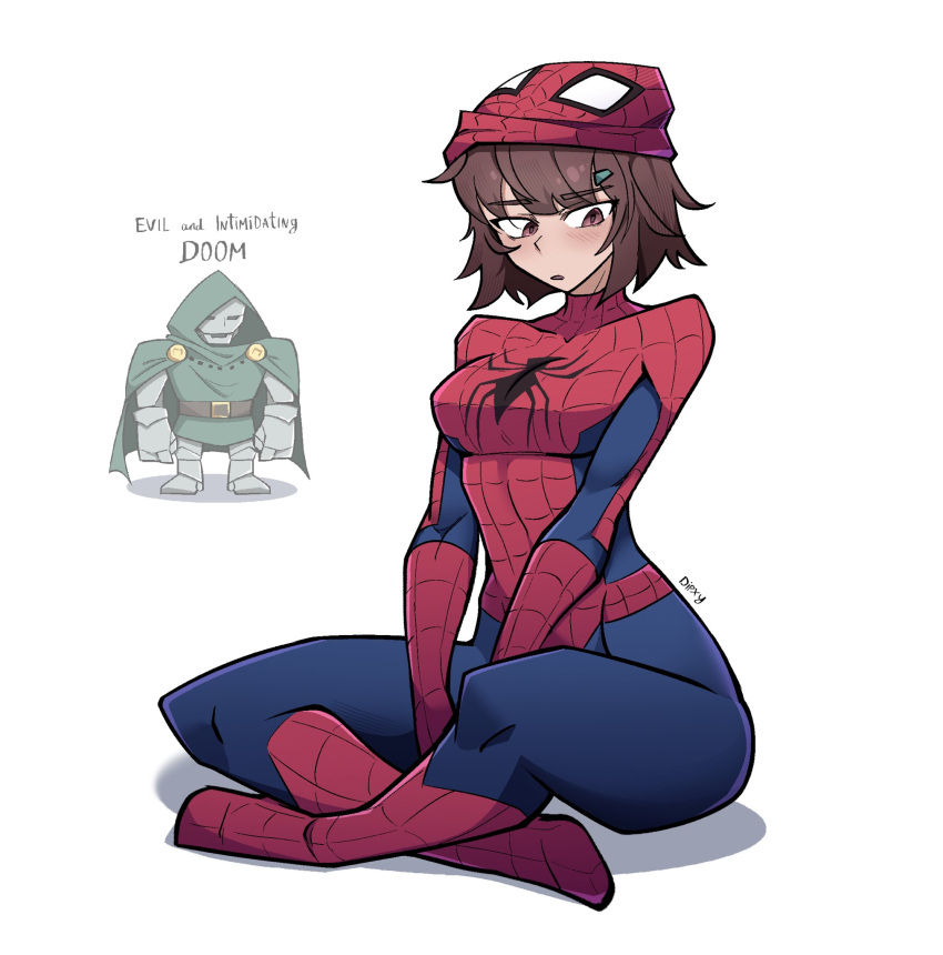 1girl animal_print blue_bodysuit bodysuit breasts brown_eyes brown_hair doctor_doom fantastic_four fez_dipxy gender_transitioning gender_transitioning_(mtf) genderswap genderswap_(mtf) highres marvel mask multicolored_bodysuit peter_parker petra_parker_(otrebot) red_bodysuit short_hair spider-man spider-man_(series) spider_print spider_web_print superhero_costume two-tone_bodysuit