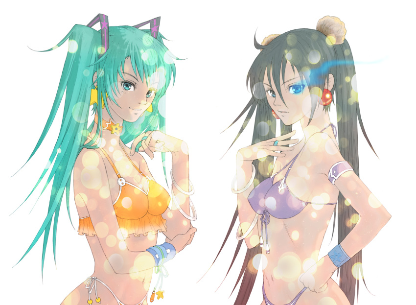 aqua_eyes aqua_hair bad_id bikini black_hair black_rock_shooter black_rock_shooter_(character) bracelet choker earrings glowing_eye hatsune_miku highres jewelry long_hair multiple_girls navel scar side-tie_bikini simple_background swimsuit twintails vocaloid wristband yukikaseni