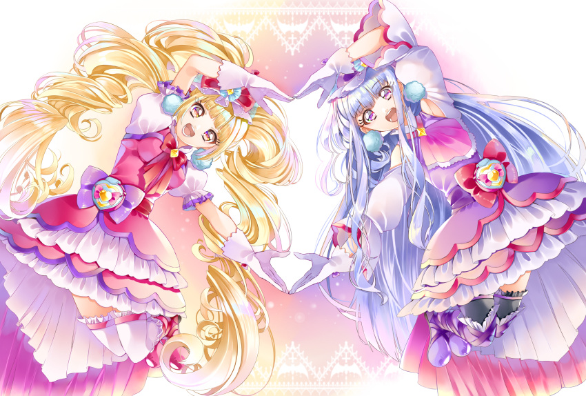 2girls :d aisaki_emiru blonde_hair bow cure_amour cure_macherie dress full_body gloves hair_bow highres hugtto!_precure jumping layered_dress long_hair looking_at_viewer magical_girl multiple_girls open_mouth pink_dress pom_pom_(clothes) pose precure purple_bow purple_dress purple_hair red_bow ruru_amour smile symmetry thigh-highs twintails violet_eyes white_gloves yellow_eyes yuutarou_(fukiiincho)