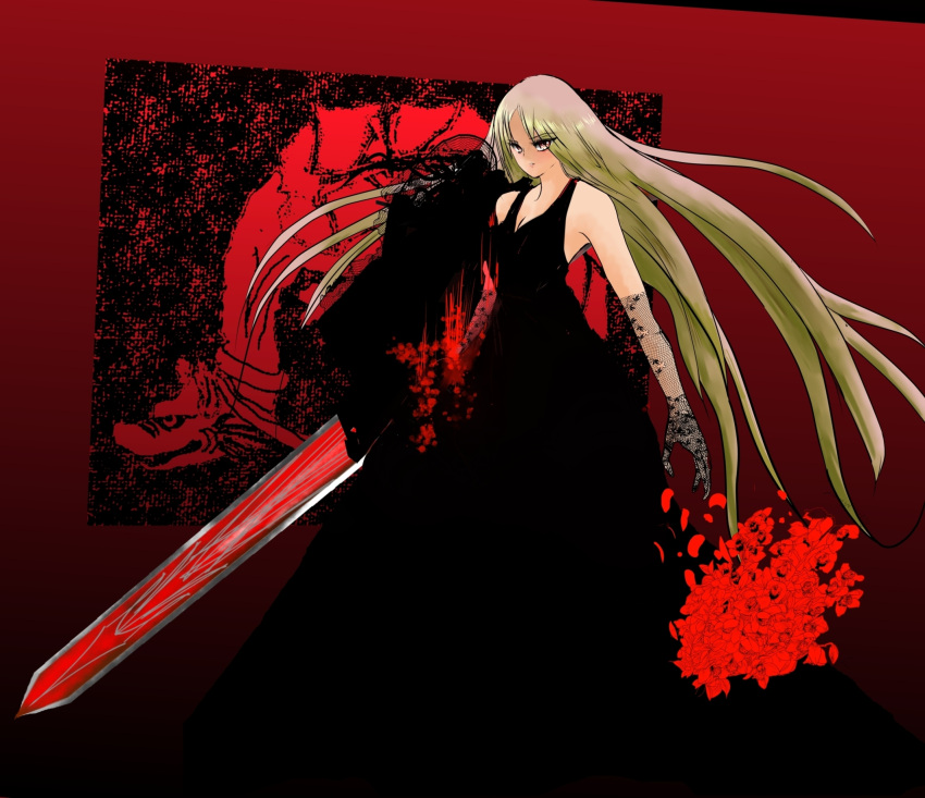 adult black_dress blonde_hair dress ex-rumia flower highres long_hair nyago red_eyes rumia solo sword touhou weapon
