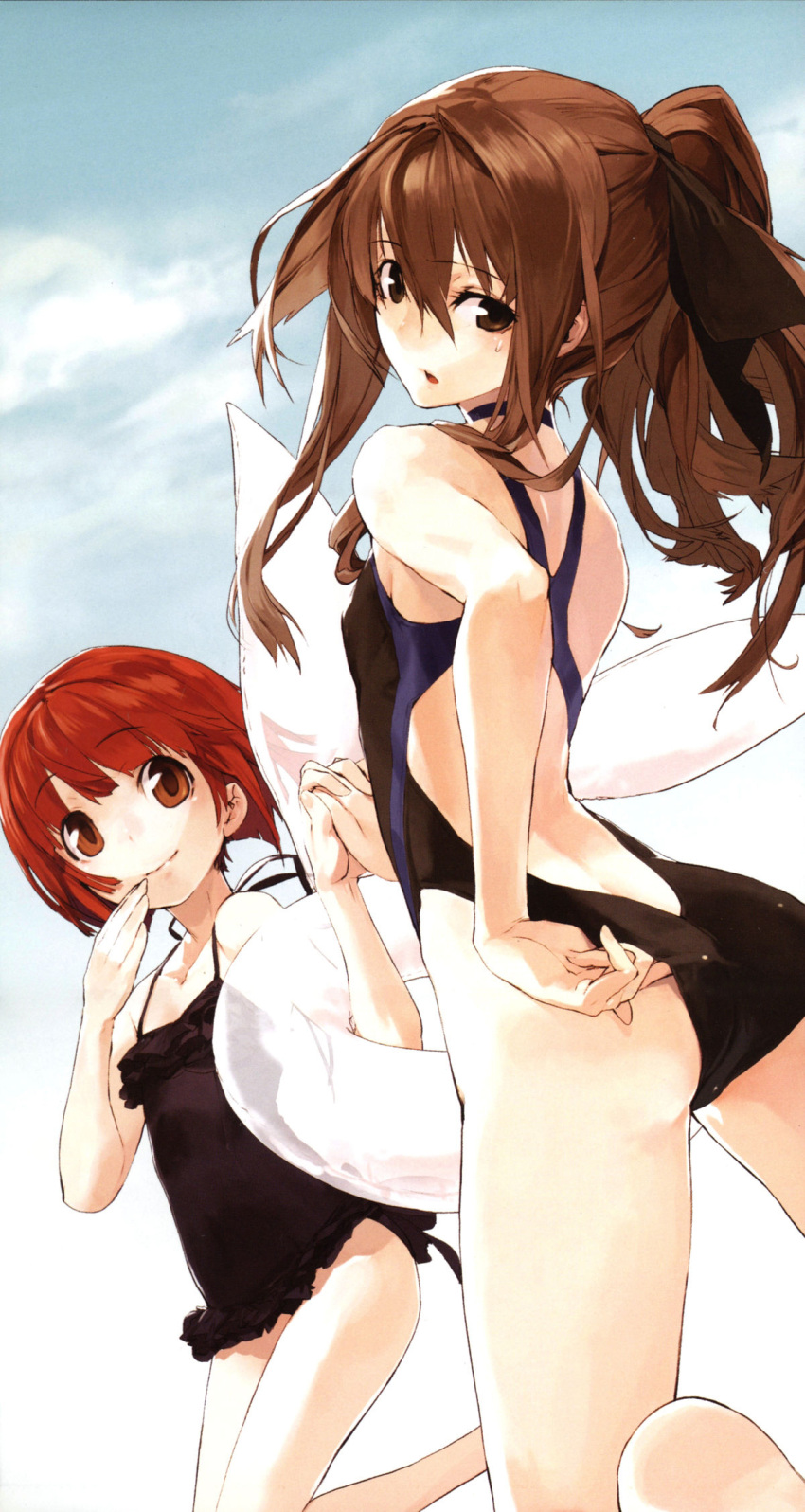 akai_ringo ass back bangs blunt_bangs bob_cut brown_eyes brown_hair casual_one-piece_swimsuit child competition_swimsuit flat_chest highres holding_hands innertube legs long_hair looking_back official_art one-piece_swimsuit ookami-san ookami-san_to_shichinin_no_nakamatachi ookami_ryouko ponytail red_eyes red_hair redhead short_hair swimsuit unaji