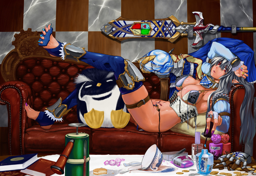 armor barefoot bikini_armor bird coin corset cup elf feet green_hair highres jewelry lying nail_polish nora7 nora_(nora7) painted_nails penguin pointy_ears red_eyes sword toeless_socks toes weapon
