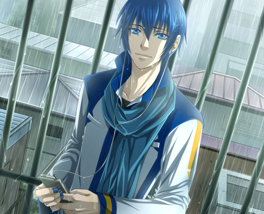 a=k blue_eyes blue_hair digital_media_player earphones kaito male mp3_player rain scarf solo vocaloid wet