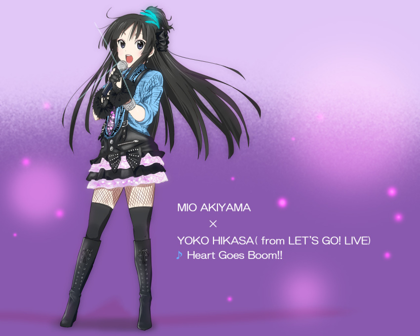 alternate_costume black_hair blue_eyes fingerless_gloves fishnets gloves hair_ornament hikasa_youko jewelry k-on! legs let's_go! long_hair microphone saitoyu00 seiyuu_connection singing thigh-highs thighhighs wallpaper