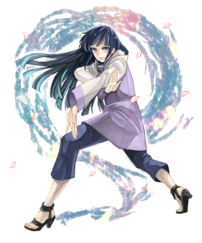 blue_hair cherry_blossoms female fighting_stance forehead_protector high-heels high_heels highres hyuuga_hinata long_hair naruto pose purple_eyes purple_hair sandals shoes solo stance teeth white_background white_eyes