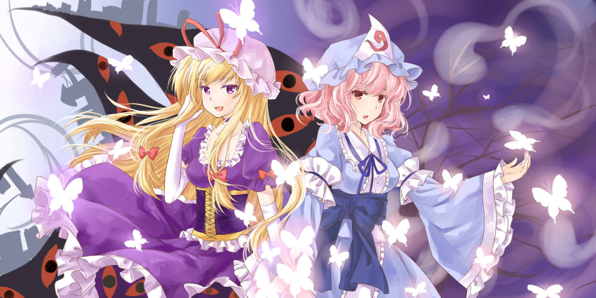 2girls armband bare_tree blonde_hair bodice bow breasts butterfly dress elbow_gloves eyeball eyelashes gap gloves gradient gradient_background hair_bow hand_in_hair hat hat_ribbon highres hitodama japanese_clothes kimono long_hair looking_at_viewer mob_cap multiple_girls obi open_hand open_mouth outstretched_arm pink_eyes pink_hair puffy_short_sleeves puffy_sleeves ribbon saigyouji_yuyuko short_hair short_sleeves touhou transistor tree triangular_headpiece very_long_hair violet_eyes yakumo_yukari