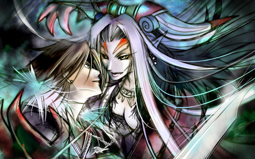 blue_eyes breasts brown_eyes brown_hair cleavage earrings facial_mark final_fantasy final_fantasy_viii gloves gunblade hair_ornament jewelry necklace pointy_ears scar short_hair squall_leonhart sword ultimecia weapon white_hair wings yellow_eyes