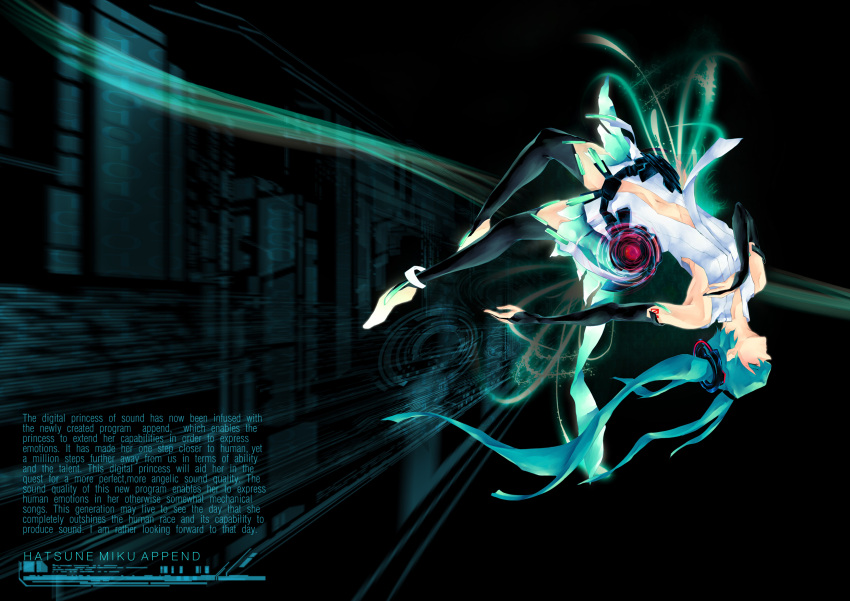 akehime aqua_hair barefoot belt bridal_gauntlets closed_eyes elbow_gloves english fingerless_gloves gloves hatsune_miku hatsune_miku_(append) highres long_hair miku_append navel necktie solo thigh-highs thighhighs toeless_socks twintails very_long_hair vocaloid vocaloid_append zettai_ryouiki