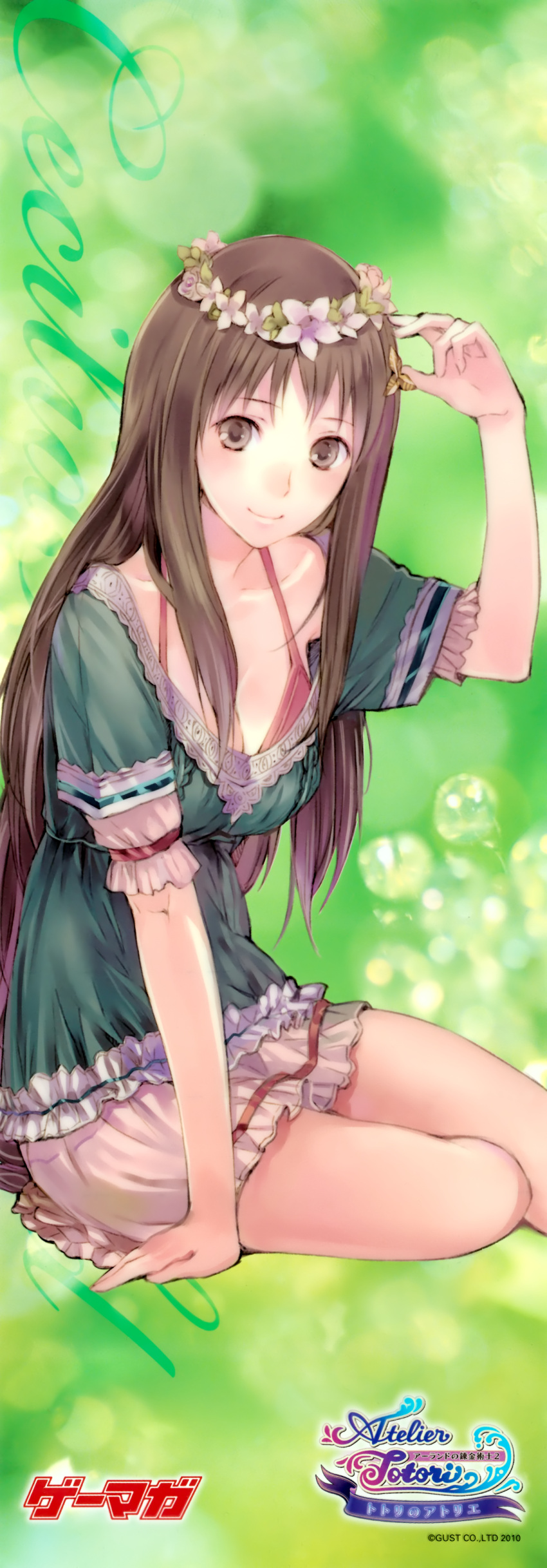 absurdres arm_support arm_up atelier_(series) atelier_rorona atelier_totori bangs blouse blush breasts brown_eyes brown_hair cecilia_helmold cleavage down_blouse flower frills gradient_hair grey_eyes hair_ornament hair_over_breasts hairclip hand_on_head head_wreath highres kishida_mel lace long_hair long_image looking_at_viewer miniskirt multicolored_hair official_art payot profile purple_hair scan shirt sitting skirt smile solo stick_poster tall_image thighs wreath