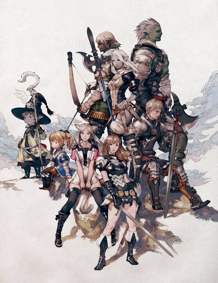 armor artist_request axe blonde_hair boots bow braid brown_eyes brown_hair cat_ears cat_tail dark_skin elbow_gloves elezen elf final_fantasy final_fantasy_xiv gloves green_skin grey_skin hair_ribbon hat highres hyur lalafell long_hair miqo'te miqo'te official_art pointy_ears polearm ponytail ribbon roegadyn scarf short_hair sitting smile staff sword tail thigh-highs thigh_boots thighhighs twin_braids weapon white_hair witch_hat wizard_hat yoshida_akihiko