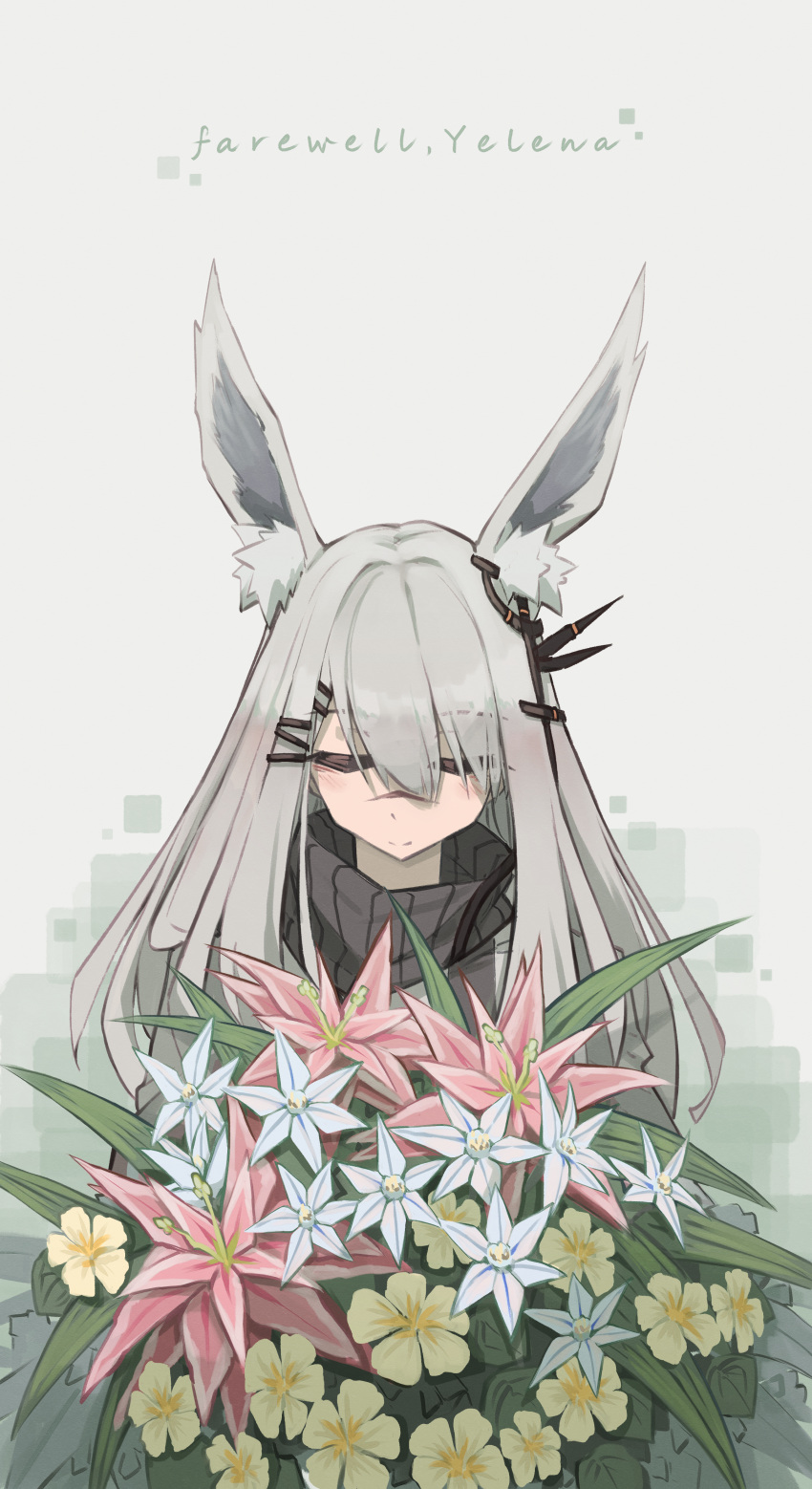 1girl absurdres animal_ear_fluff animal_ears arknights bouquet closed_eyes closed_mouth commentary english_text facing_viewer flower frostnova_(arknights) grey_hair hair_between_eyes hair_ornament hairclip highres holding holding_bouquet holding_flower long_hair pink_flower rabbit_ears rabbit_girl scar scar_on_face scar_on_nose smile solo togekk0 turtleneck upper_body white_flower yellow_flower