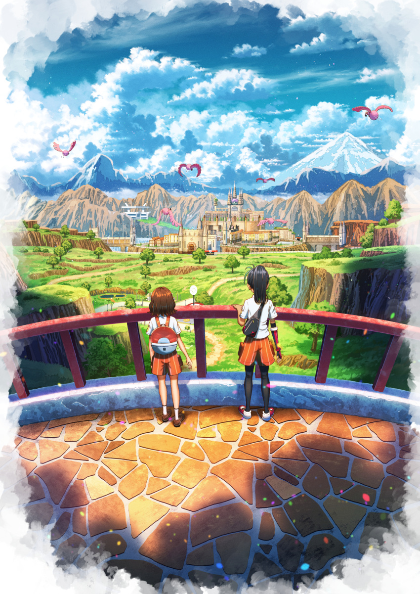 2girls anna_(pokemon) backpack bag bird black_hair black_pantyhose blue_sky brown_footwear brown_hair clouds day fence flamigo from_behind hand_up highres medium_hair multiple_girls nemona_(pokemon) orange_shorts outdoors pantyhose pokemon pokemon_(creature) pokemon_sv ponytail scenery school_uniform shirt shoes short_sleeves shorts shuu_illust sky socks standing tree white_shirt white_socks