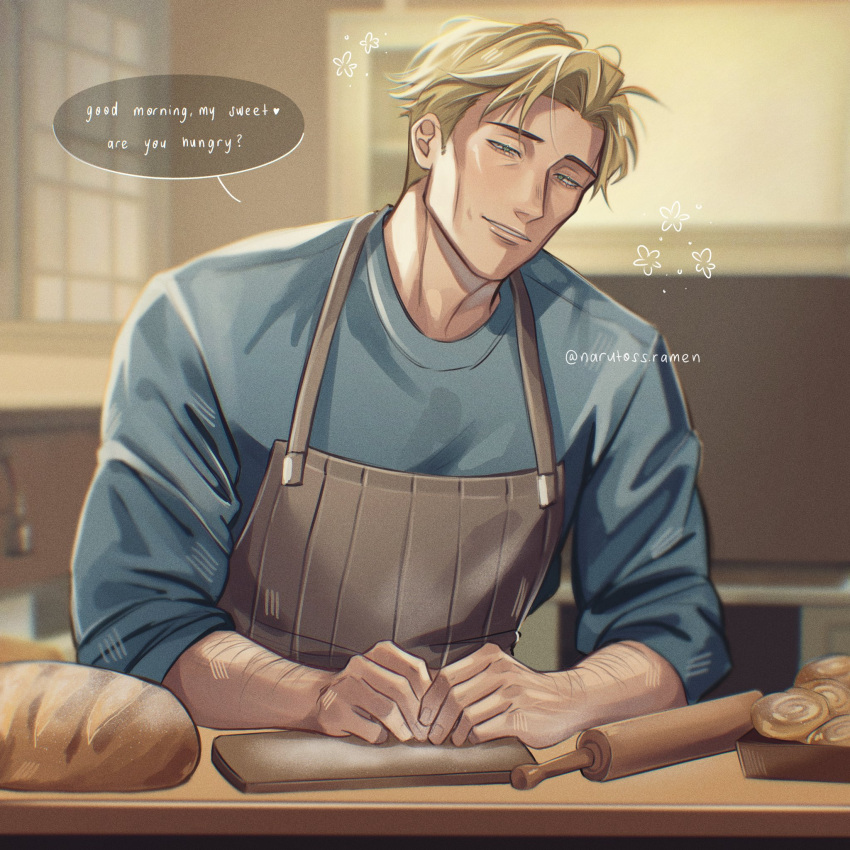 1boy alternate_costume apron arm_hair bakery blonde_hair bread brown_apron casual collared_shirt cooking english_commentary english_text food highres jujutsu_kaisen leaning_forward light_smile long_sleeves male_focus mature_male nanami_kento pov_dating shirt shop short_hair solo speech_bubble thick_eyebrows upper_body ushy_(narutoss_ramen)