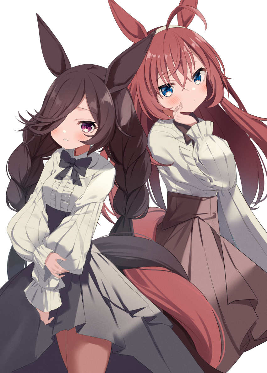 2girls agaki_anko ahoge alternate_hairstyle animal_ears black_bow black_bowtie black_hair blue_eyes bow bowtie braid brown_skirt center_frills closed_mouth commentary dress_shirt frills grey_hairband grey_skirt hair_over_one_eye hairband hand_on_own_arm hand_on_own_cheek hand_on_own_face high-waist_skirt highres horse_ears horse_girl horse_tail light_frown light_smile long_hair looking_at_viewer low_twin_braids matching_outfits mihono_bourbon_(umamusume) multiple_girls rice_shower_(umamusume) shirt simple_background skirt standing tail twin_braids umamusume violet_eyes white_background white_shirt
