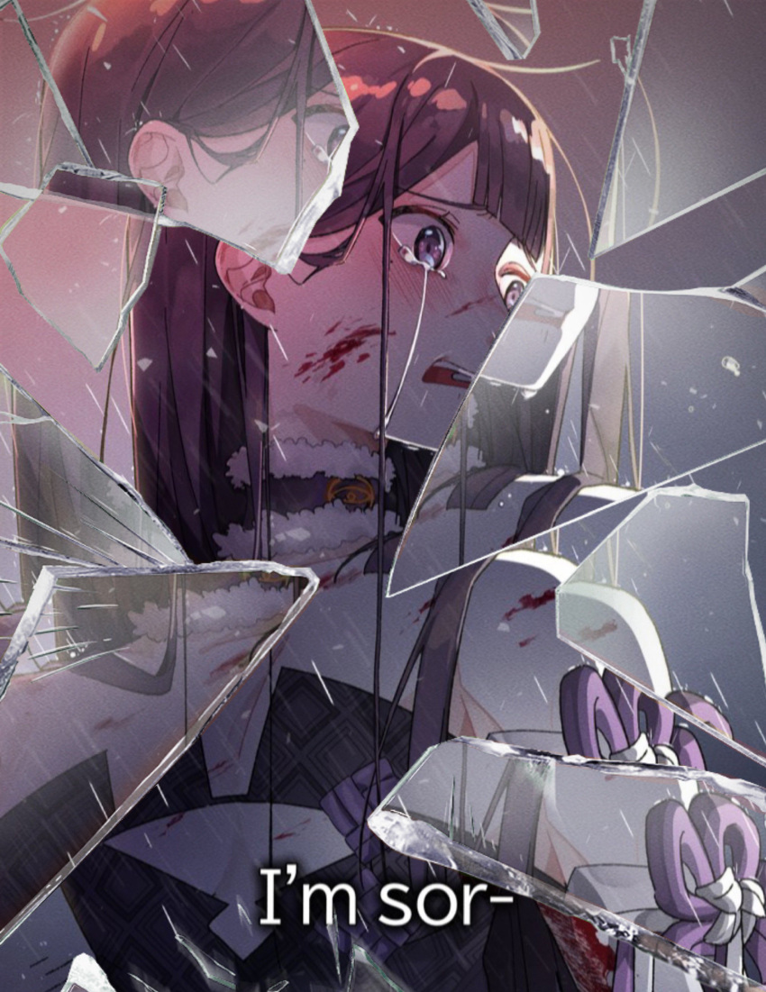 1girl absurdres bare_shoulders black_hair blood blood_on_face broken_glass crying crying_with_eyes_open dandandanholo flat_chest glass glass_shards highres hololive hololive_english long_hair ninomae_ina'nis ninomae_ina'nis_(1st_costume) open_mouth shards streaming_tears tears violet_eyes virtual_youtuber