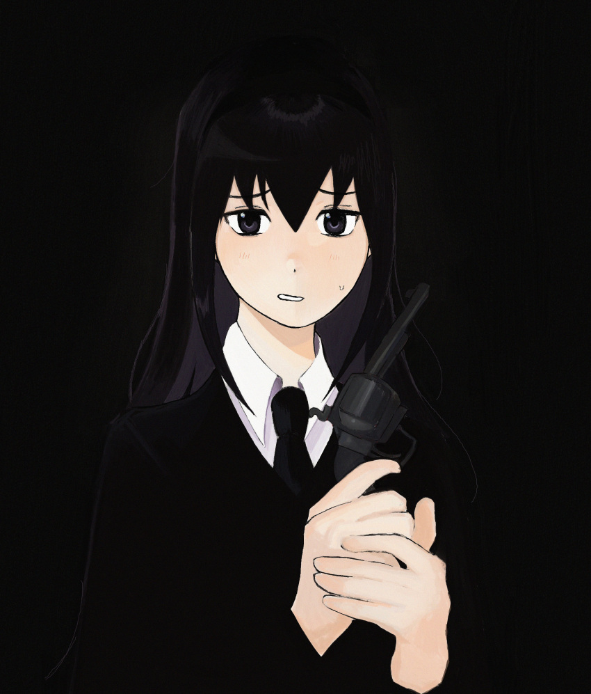 1girl absurdres akemi_homura black_background black_hairband black_necktie commentary english_commentary gun hairband headband highres holding holding_gun holding_weapon logi_(lgdkn) long_hair looking_at_viewer mahou_shoujo_madoka_magica mahou_shoujo_madoka_magica_(anime) necktie revolver sidelocks simple_background solo suit sweatdrop weapon