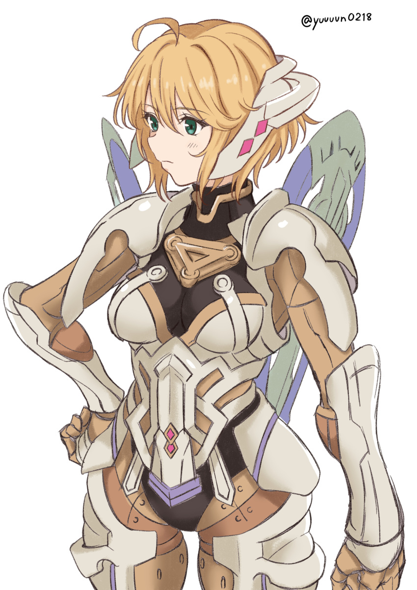 1girl blonde_hair breasts closed_mouth cyborg fiora_(xenoblade) green_eyes highres mecha-fiora medium_breasts short_hair simple_background solo upper_body white_background xenoblade_chronicles_(series) xenoblade_chronicles_1 yuuuun0218