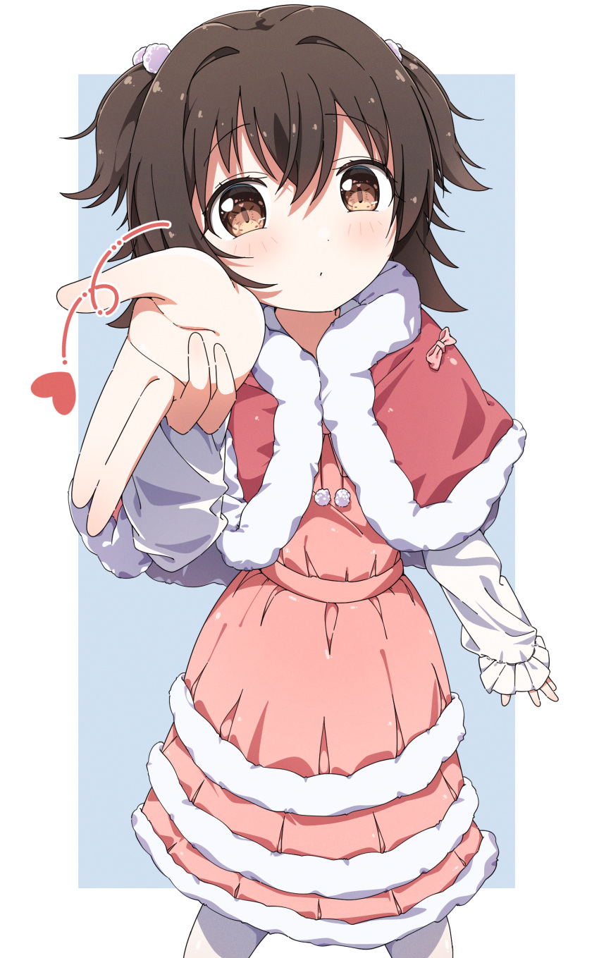 1girl absurdres akagi_miria black_hair blowing_kiss blush border brown_eyes capelet child closed_mouth commentary dress frilled_sleeves frills fur-trimmed_capelet fur-trimmed_dress fur_trim hair_ornament heart highres idolmaster idolmaster_cinderella_girls idolmaster_cinderella_girls_starlight_stage pink_dress pink_ribbon pleated_dress pom_pom_(clothes) pom_pom_hair_ornament red_capelet ribbon shirt solo twintails two_side_up white_shirt yairo_ju