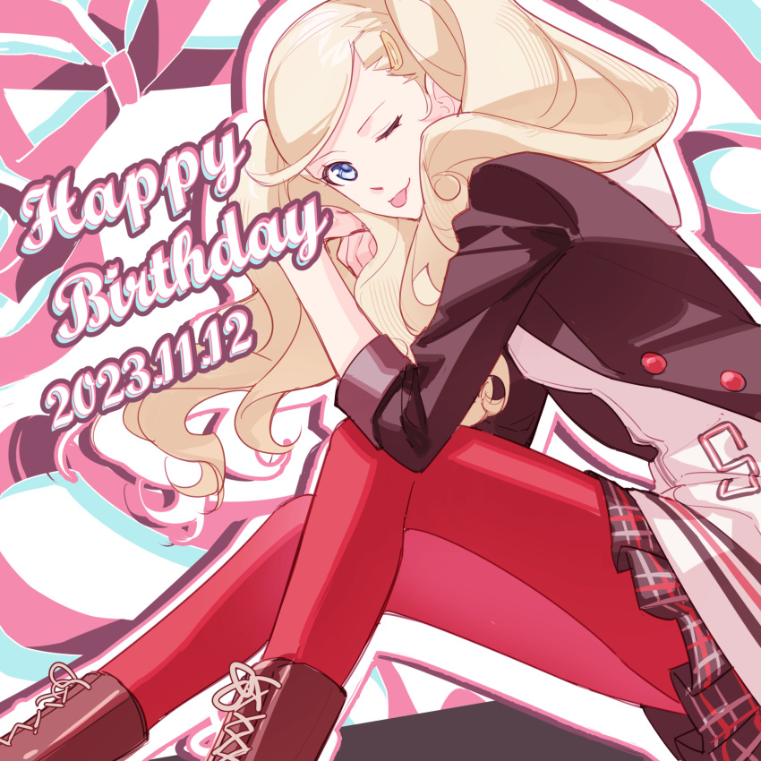 1girl ;p black_jacket blonde_hair blue_hair boots brown_footwear commentary_request dated english_text hair_ornament hairclip happy_birthday highres jacket long_hair looking_at_viewer miniskirt one_eye_closed pantyhose persona persona_5 plaid plaid_skirt pleated_skirt red_pantyhose school_uniform shuuchiin_academy_school_uniform sitting skirt smile solo swept_bangs takamaki_anne tongue tongue_out tsubsa_syaoin twintails