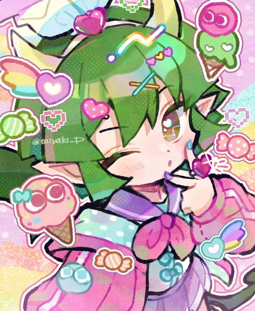 1girl doradorakingyo draco_centauros dragon_tail green_hair green_wings hair_ornament hairclip highres ice_cream_cone jacket jewelry looking_at_viewer nail_polish neckerchief one_eye_closed pink_jacket pink_neckerchief pixels pointy_ears purple_skirt puyopuyo_quest ring short_hair skirt solo tail wings wrapped_candy