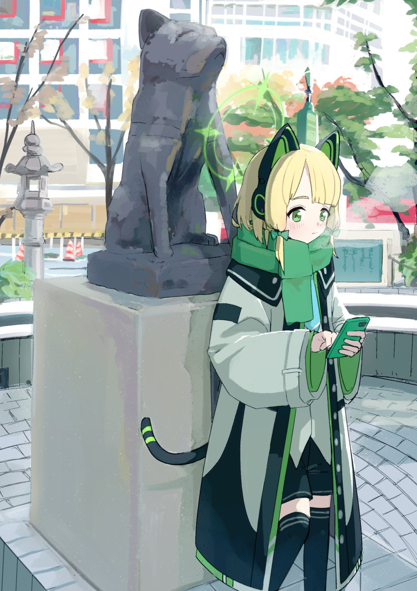1girl animal_ear_headphones animal_ears black_skirt black_thighhighs blonde_hair blue_archive blush bow cat_tail cellphone closed_mouth day fake_animal_ears feet_out_of_frame green_bow green_eyes green_halo green_scarf hair_bow halo headphones highres holding holding_phone jacket long_sleeves midori_(blue_archive) open_clothes open_jacket outdoors p2p2hifumi phone pleated_skirt scarf shibuya_(tokyo) shirt short_hair skirt smartphone solo statue tail thigh-highs white_jacket white_shirt