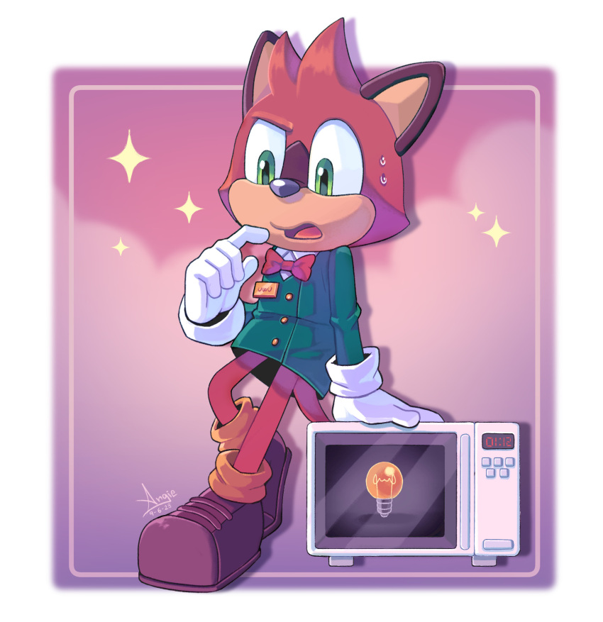 1boy angiethecat aqua_jacket bow bowtie gloves green_eyes hand_on_own_chin highres jacket long_sleeves microwave name_tag open_mouth protagonist_(the_murder_of_sonic_the_hedgehog) red_bow red_bowtie shoes sonic_(series) sparkle sweatdrop the_murder_of_sonic_the_hedgehog two-tone_fur uniform white_gloves