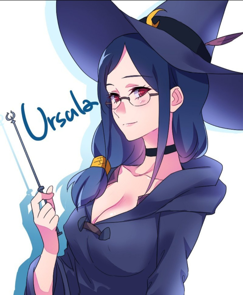1girl blue_hair breasts glasses little_witch_academia negom red_eyes solo ursula_(little_witch_academia) white_background witch_hat