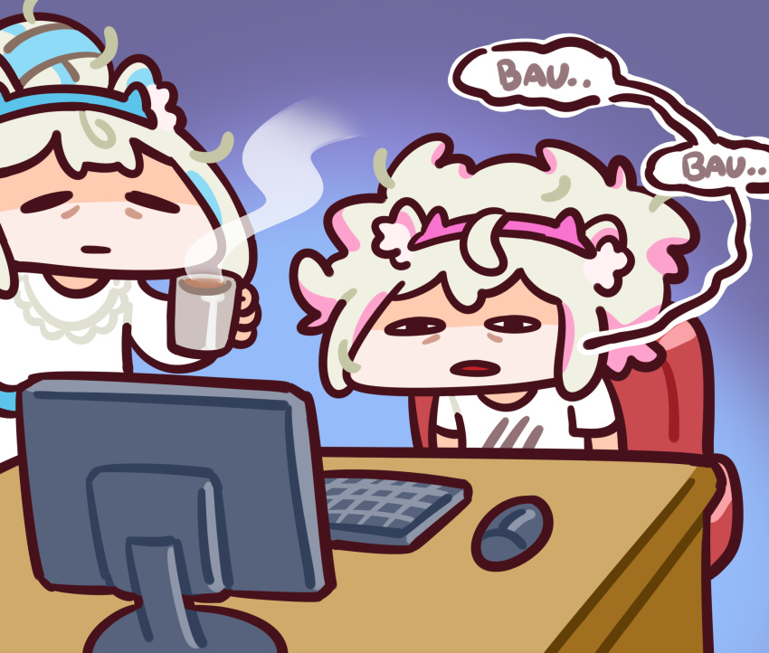 animal_ears bags_under_eyes blue_hair chibi coffee_mug comedy commentary computer cup desk dog_ears dress english_commentary fuwawa_abyssgard highres hololive hololive_english keenbiscuit keyboard_(computer) light_brown_hair messy_hair mococo_abyssgard monitor mouse_(computer) mug multicolored_hair pink_hair shirt siblings sisters speech_bubble streaked_hair twins virtual_youtuber waking_up white_dress white_shirt