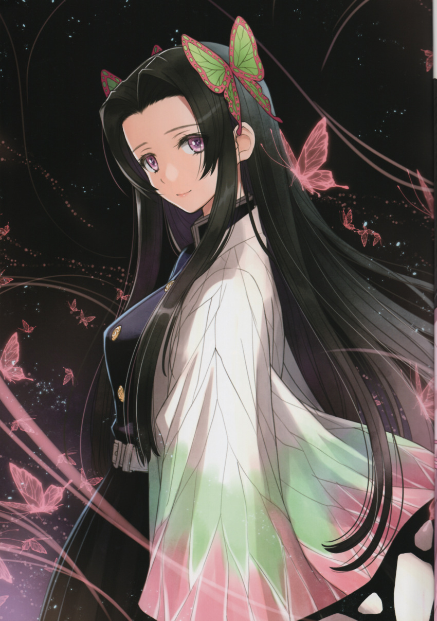 1girl absurdres belt black_background black_hair breasts bug butterfly butterfly_hair_ornament buttons demon_slayer_uniform gradient_background gradient_clothes hair_ornament haori highres japanese_clothes kimetsu_no_yaiba kochou_kanae lips long_hair looking_at_viewer medium_breasts parted_bangs scan sidelocks simple_background tony_taka uniform violet_eyes white_belt
