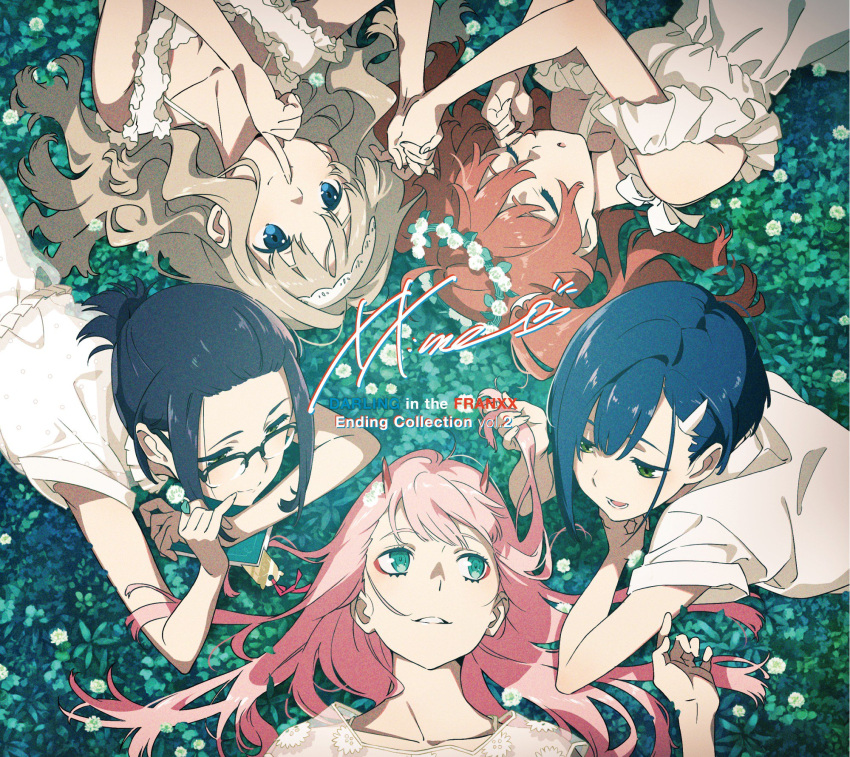 5girls album_cover aqua_eyes black_hair blue_eyes blue_hair blush brown_hair circle_formation closed_eyes cover darling_in_the_franxx dress english_text eyeshadow field finger_to_mouth flower flower_field glasses grass green_eyes green_theme hair_flower hair_ornament hair_spread_out hairclip half-closed_eyes hand_in_own_hair highres holding_another's_hair holding_hands horns ichigo_(darling_in_the_franxx) ikuno_(darling_in_the_franxx) kokoro_(darling_in_the_franxx) light_brown_hair long_hair looking_at_another lying makeup miku_(darling_in_the_franxx) multiple_girls official_art on_back on_grass on_ground on_stomach open_mouth parted_lips pink_hair red_eyeshadow see-through_dress_layer short_hair shushing sleeping smile twintails yoneyama_mai zero_two_(darling_in_the_franxx)