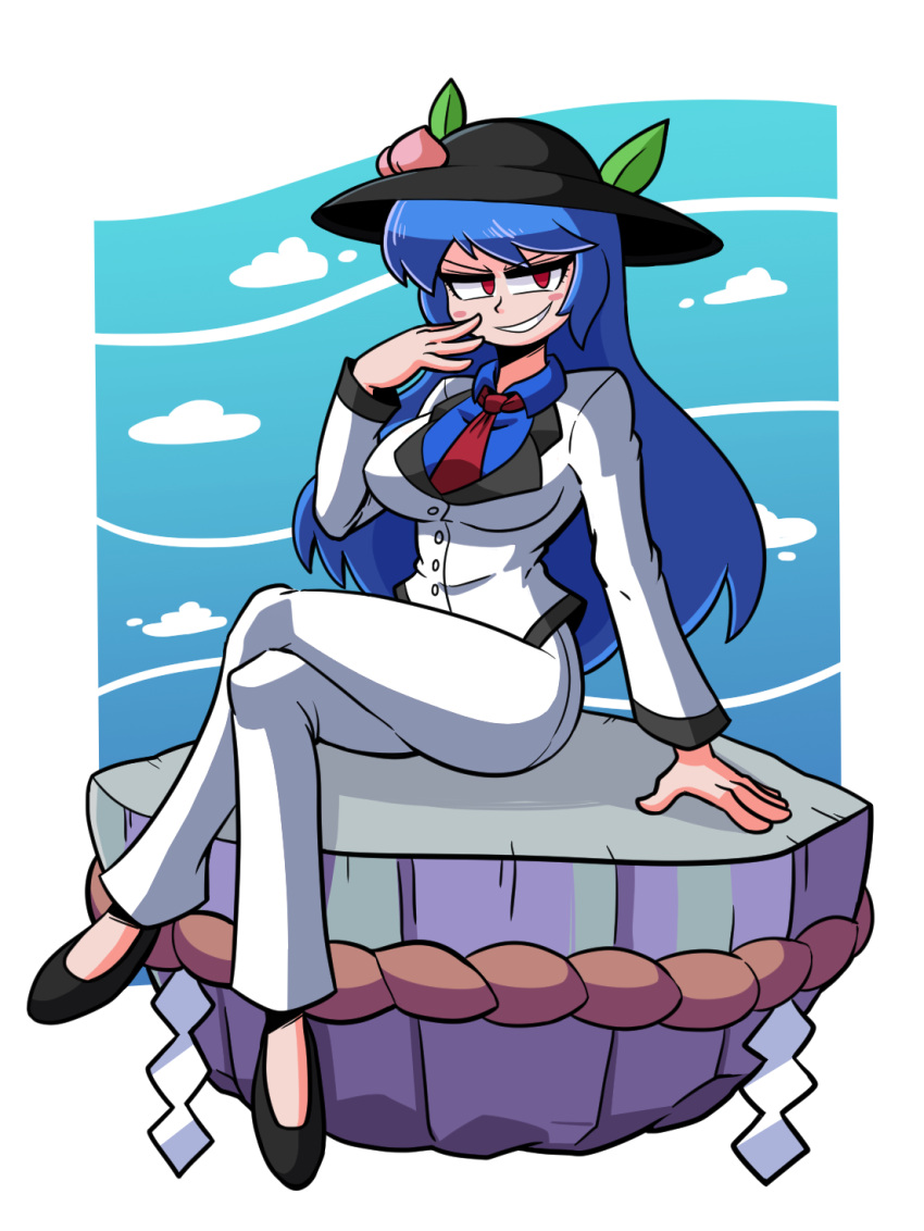 1girl black_footwear black_headwear blue_background blue_hair breasts clouds commentary commission crossed_legs english_commentary full_body highres hinanawi_tenshi jacket kevin_arthur keystone large_breasts leaf long_hair looking_at_viewer pants peach_hat_ornament red_eyes rope shimenawa sitting smile solo touhou white_jacket white_pants