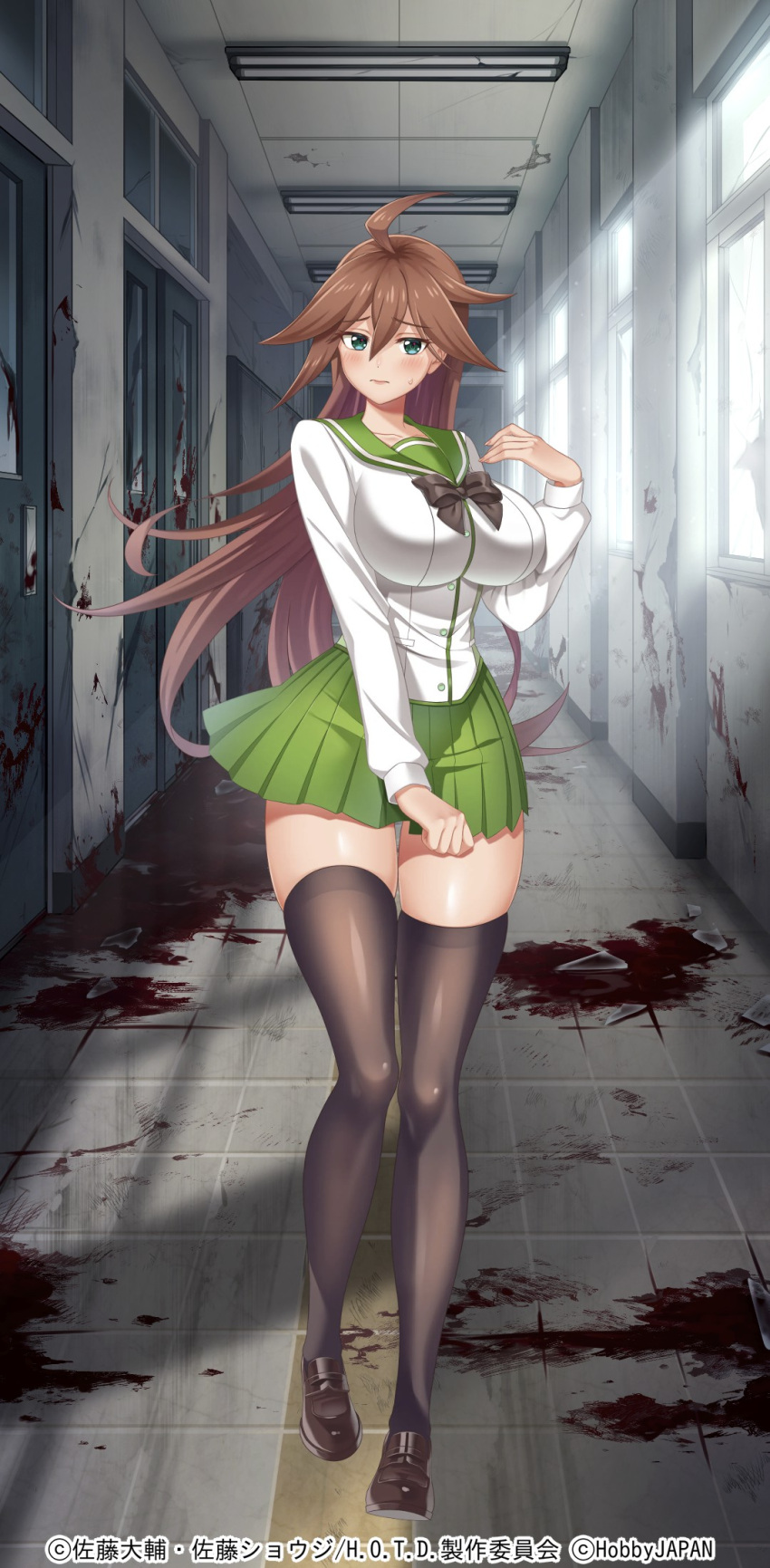 1girl ahoge aqua_eyes black_footwear black_necktie black_thighhighs blood blood_on_ground blood_on_wall blush breasts brown_hair closed_mouth copyright_notice day full_body green_skirt hair_between_eyes highres highschool_of_the_dead indoors lamp large_breasts long_hair long_sleeves miniskirt necktie nyx_(queen's_blade) official_art pleated_skirt queen's_blade queen's_blade_limit_break school shirt shoes skirt solo standing straight_hair sunlight thigh-highs thighs very_long_hair white_shirt window zettai_ryouiki