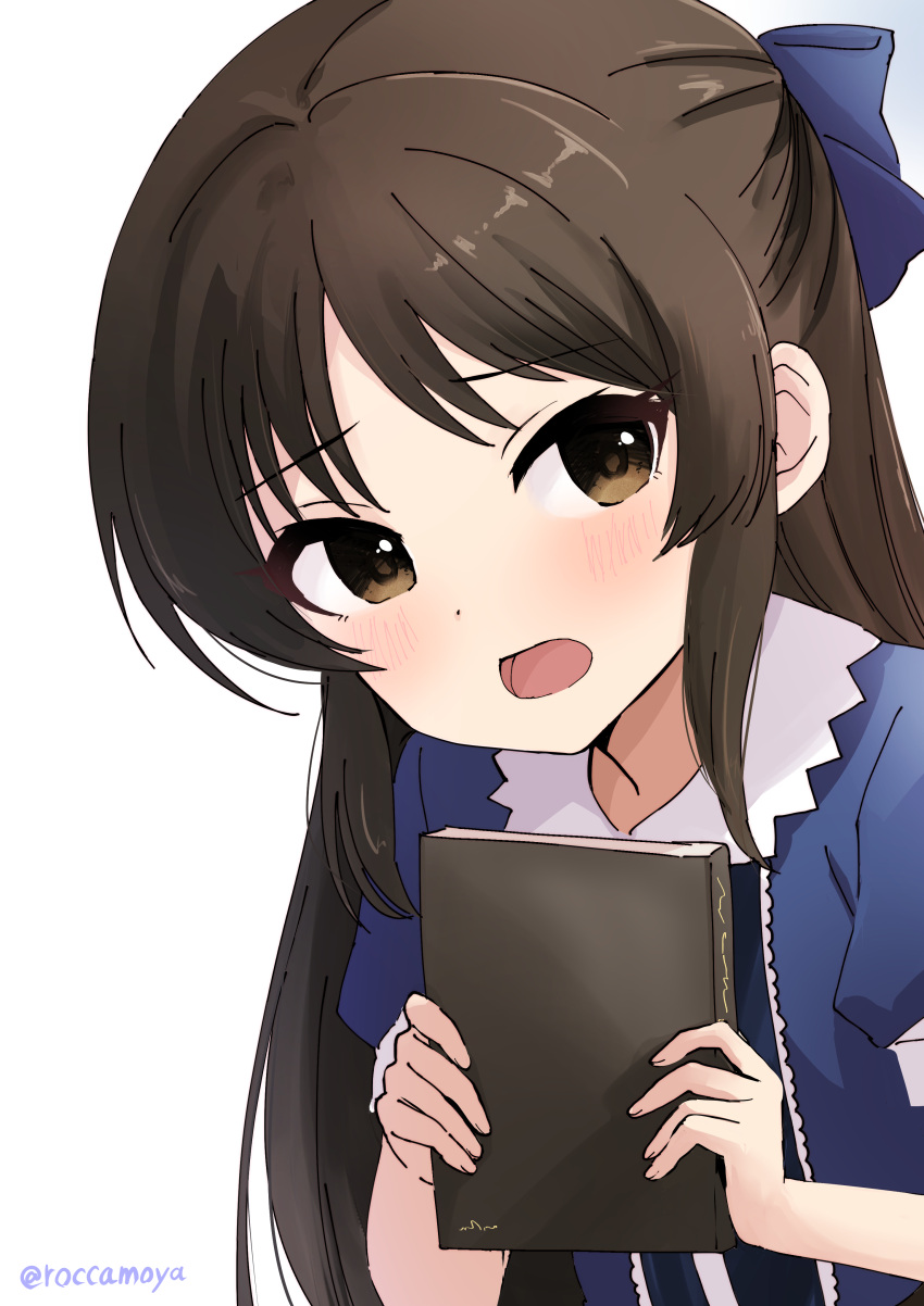 1girl absurdres blue_bow blue_shirt bow brown_eyes brown_hair hair_bow highres idolmaster idolmaster_cinderella_girls idolmaster_cinderella_girls_u149 leaning_forward long_hair looking_at_viewer open_mouth roccamoya shirt short_sleeves simple_background sketch solo tachibana_arisu twitter_username upper_body white_background