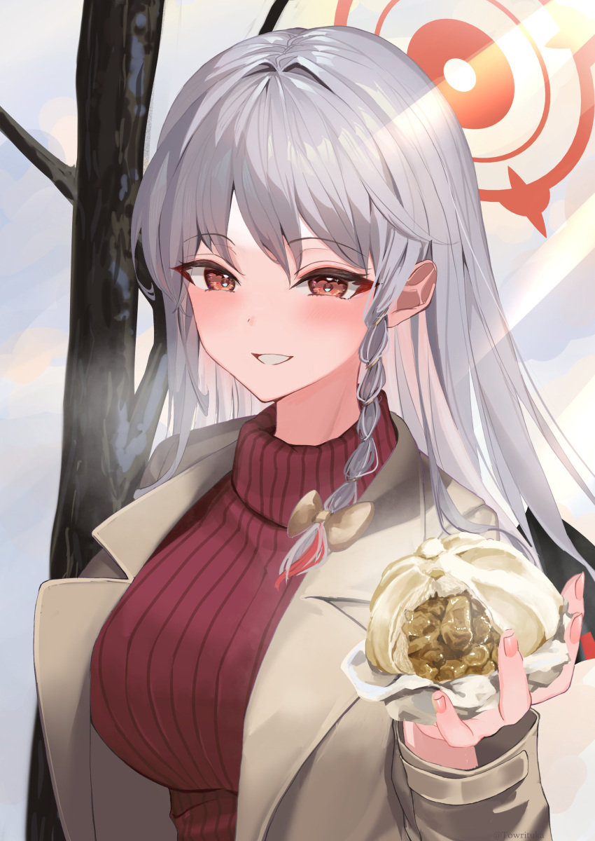 1girl absurdres blue_archive blush braid breasts coat food grey_hair halo haruna_(blue_archive) highres holding holding_food large_breasts long_hair long_sleeves looking_at_viewer open_clothes open_coat open_mouth red_eyes red_halo red_sweater ribbed_sweater side_braid smile solo sweater towrituka twitter_username upper_body white_coat