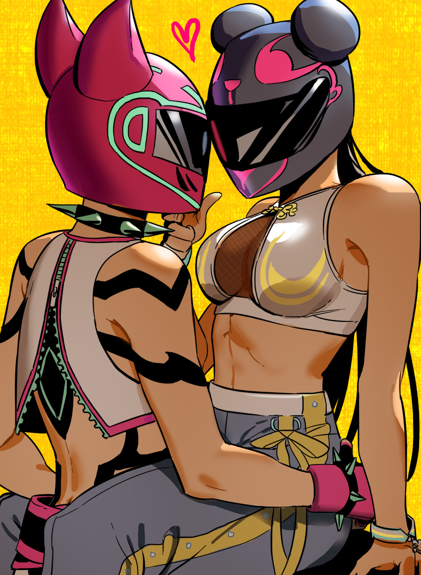 2girls absurdres arm_support bbubbubbobbo123 bracelet breasts chun-li cleavage collar crop_top han_juri hand_on_another's_chin hands_on_another's_hips heart helmet highres jewelry long_hair midriff multiple_girls official_alternate_costume revision see-through see-through_cleavage sitting sleeveless spiked_bracelet spiked_collar spikes street_fighter street_fighter_6 yellow_background yuri