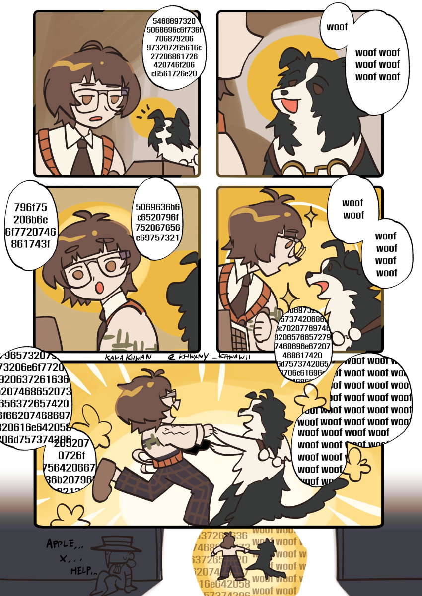 2girls absurdres brown_hair comic dog english_text glasses happy highres holding_hands holding_paw john_titor_(reverse:1999) khwany_kawawii multiple_girls paw_pose pickles_(reverse:1999) reverse:1999 speech_bubble surprised translation_request vertin_(reverse:1999)