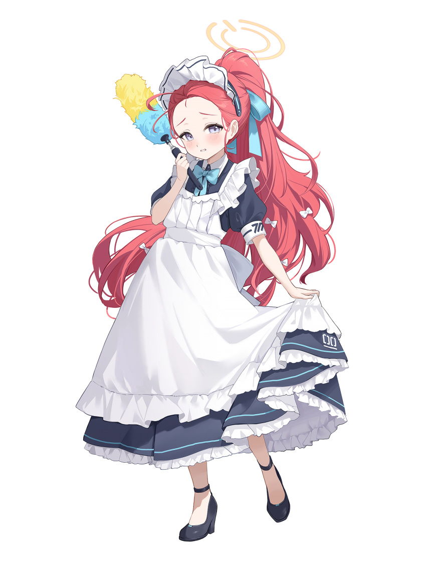 1girl blue_archive blush duster full_body halo highres holding holding_duster long_hair looking_at_viewer maid maid_headdress midori_xu official_alternate_costume open_mouth orange_halo redhead simple_background solo violet_eyes white_background yuzu_(blue_archive) yuzu_(maid)_(blue_archive)