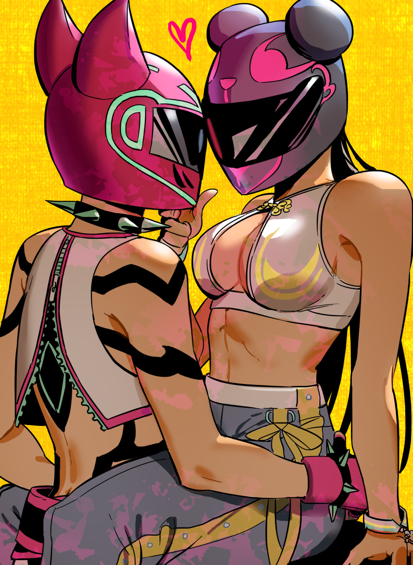 2girls absurdres arm_support bbubbubbobbo123 bracelet breasts chun-li cleavage collar crop_top han_juri hand_on_another's_chin hands_on_another's_hips heart helmet highres jewelry long_hair midriff multiple_girls official_alternate_costume revision sitting sleeveless spiked_bracelet spiked_collar spikes street_fighter street_fighter_6 yellow_background yuri