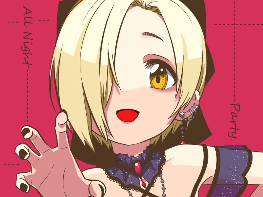 1girl black_nails blonde_hair bow brooch claw_pose close-up dress ear_piercing earrings hair_bow hair_over_one_eye halter_dress halterneck highres idolmaster idolmaster_cinderella_girls idolmaster_cinderella_girls_starlight_stage ikaguchiei jewelry looking_at_viewer open_mouth piercing see-through see-through_dress shirasaka_koume short_hair skull_earrings smile solo yellow_eyes