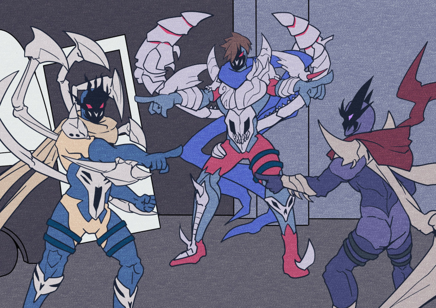 3boys avendread_savior bone comic_hand duel_monster feet_out_of_frame full_body hands_up highres knee_pads male_focus marvel meme motor_vehicle multiple_boys parody pointing pointing_at_another pointing_spider-man_(meme) red_eyes revendread_executor revendread_slayer scarf skull spider-man_(series) spiked_arm style_parody time_paradox vambraces van violet_eyes yu-gi-oh!