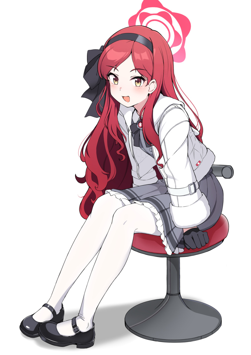 1girl black_footwear black_gloves black_hairband blue_archive blush chair dress full_body gloves grey_dress hairband halo highres jacket long_hair long_sleeves looking_at_viewer open_clothes open_jacket open_mouth pantyhose red_halo redhead renfuu shoes simple_background sitting smile solo takane_(blue_archive) white_background white_jacket white_pantyhose yellow_eyes